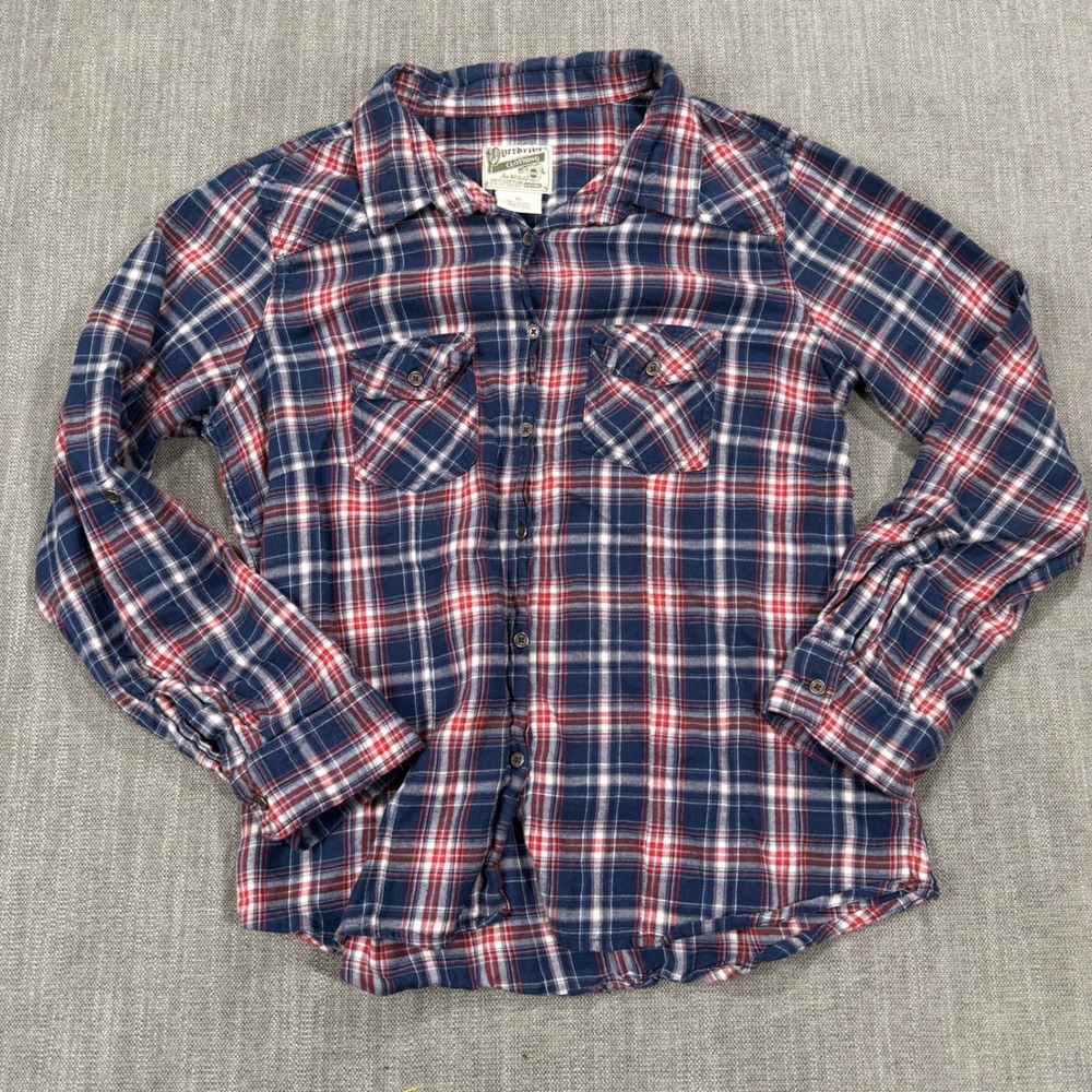 Overdrive Clothing Plaid Button Down Shirt Red White Blue Cotton XL Long Sleeve